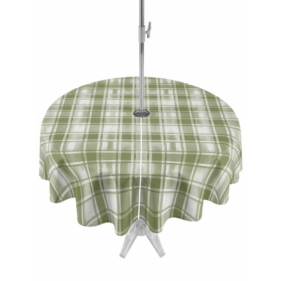 Outdoor Tablecloth with Umbrella Hole and Zipper, Sage Green Plaid Round Table Cloth 54 Inch Waterproof Tablecloth, Modern Art Checkered Farmhouse Picnic Table Cover for Patio Camping