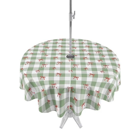 Outdoor Tablecloth with Umbrella Hole Zipper Sage Green Plaid Round Tablecloth 60" Waterproof Outside Table Cloth Checkered Farmhouse Patio Table Cover Tablecloths for Picnic Party