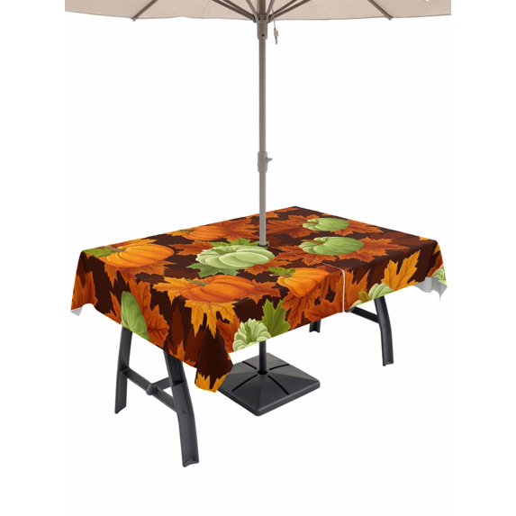 Outdoor Tablecloth with Umbrella Hole and Zipper, Sage Green Pumpkin Fall Rectangle Table Cloth 60x102 Inch Waterproof Tablecloth, Thanksgiving Maple Leaves Farmhouse Picnic Table Cover for Patio