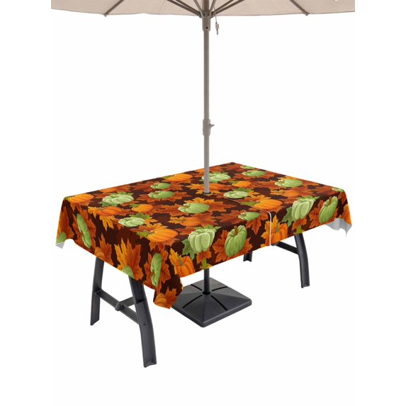 Outdoor Tablecloth with Umbrella Hole and Zipper, Sage Green Pumpkin Fall Rectangle Table Cloth 60x120 Inch Waterproof Tablecloth, Thanksgiving Maple Leaves Autumn Picnic Table Cover for Patio