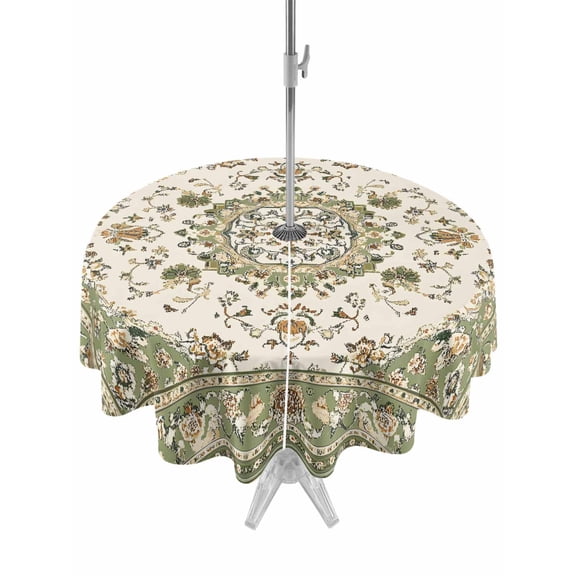 Outdoor Tablecloth with Umbrella Hole Zipper Sage Green Round Tablecloth 54" Waterproof Outside Table Cloth Southwest Tribal Antique Boho-Chic Country Patio Table Cover Tablecloths for Picnic Party