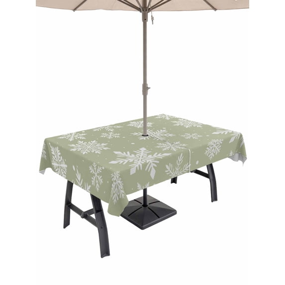 Outdoor Tablecloth with Umbrella Hole and Zipper, Sage Green Snowflake Christmas Rectangle Table Cloth 60x84 Inch Waterproof Tablecloth, Winter Xmas Snowflakes Picnic Table Cover for Patio Camping