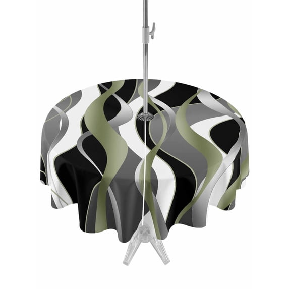 Outdoor Tablecloth with Umbrella Hole and Zipper, Sage Green Stripe Waterproof Patio Tablecloth for Dining Round 54'', Grey White Geometric Modern Abstract Wipeable Table Cover for Picnic BBQ Party
