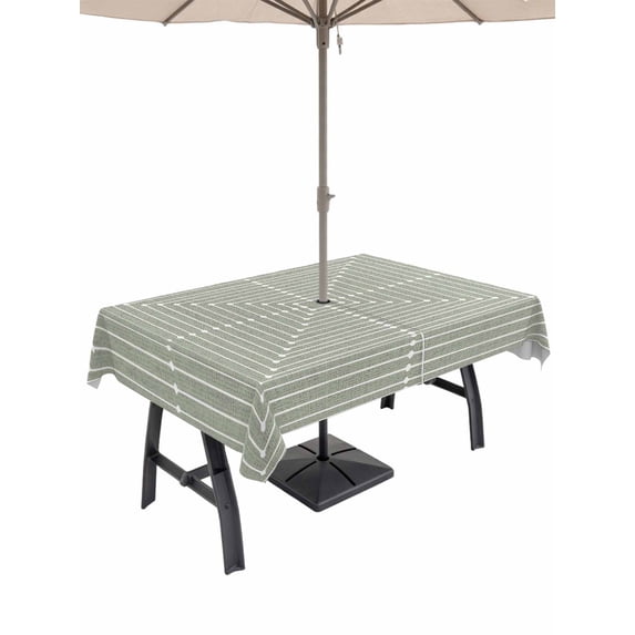 Outdoor Tablecloth with Umbrella Hole & Zipper, Sage Green Striped Rectangle Tablecloth 60x102 Inch, Farmhouse Stripes Geometric Abstract Patio Table Cover Waterproof Table Cloth for Picnic/Party