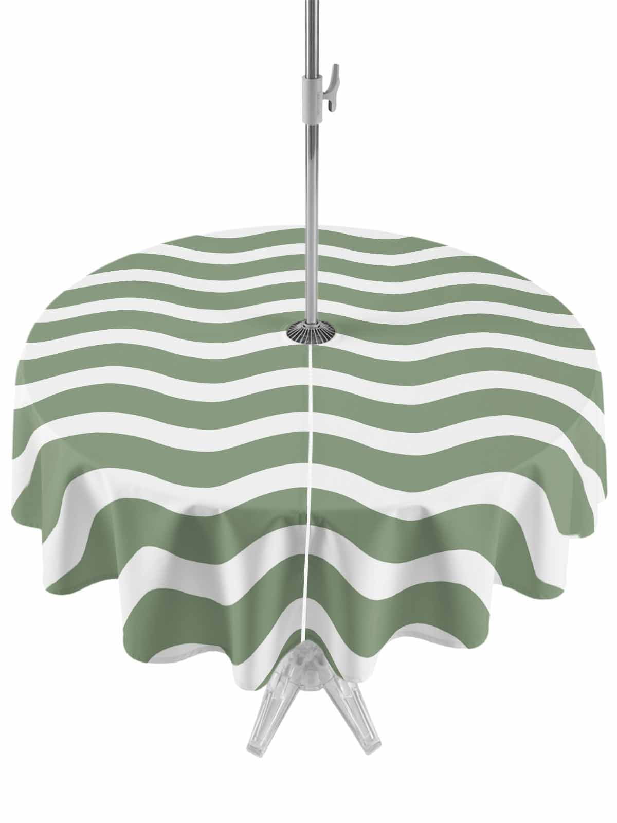 Round Ripple Cloth Outdoor Tablecloth with Umbrella Hole Zipper Sage Green Striped Round ...
