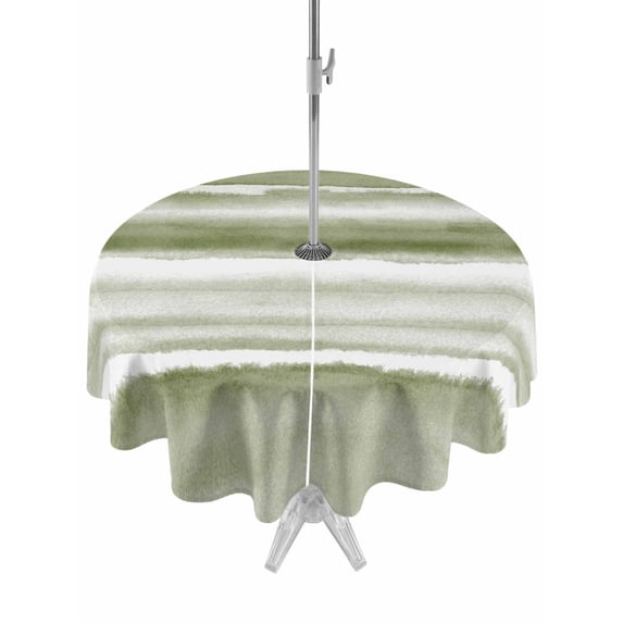 Outdoor Tablecloth with Umbrella Hole and Zipper, Sage Green Stripes Round Table Cloth 54 Inch Waterproof Tablecloth, Watercolor Gradient Abstract Striped Picnic Table Cover for Patio Camping