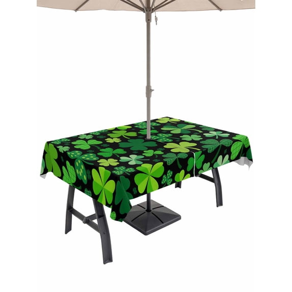 Outdoor Tablecloth with Umbrella Hole and Zipper, Saint Patrick's Day Rectangle Table Cloth 60x102 Inch Waterproof Tablecloth, Spring Farmhouse Botanical Clovers Picnic Table Cover for Patio Camping
