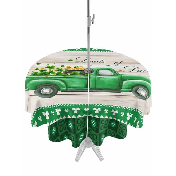 Outdoor Tablecloth with Umbrella Hole and Zipper, Saint Patrick's Day Round Table Cloth 60 Inch Waterproof Tablecloth, Luck Leaves Car Grey Wooden Plaid Picnic Table Cover for Patio Camping