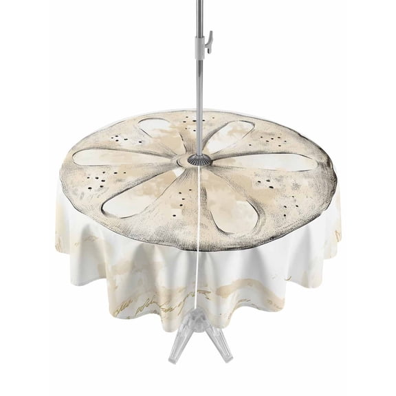 Outdoor Tablecloth with Umbrella Hole and Zipper, Sand Dollar Coastal Waterproof Patio Tablecloth for Dining Round 54'', Summer Beach Beige Ocean Wipeable Table Cover for Picnic BBQ Party Patio