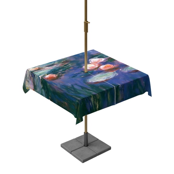 Outdoor Tablecloth with Umbrella Hole and Zipper Scattered Lilies Square Tablecloths 54x54 Inch Waterproof Table Cloths River Pond Oil Painting Patio Table Cover for Outdoor Tables BBQS Party Decor