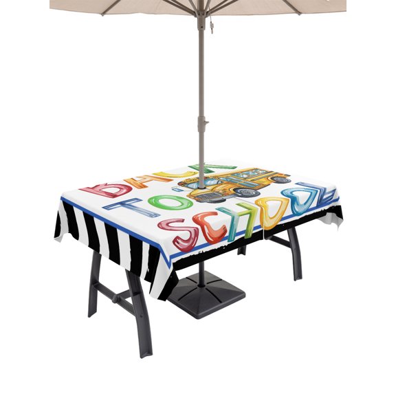 Outdoor Tablecloth with Umbrella Hole and Zipper, School Season Yellow Bus Rectangle Waterproof Table Cover 60x84in Washable Table Cloth for Patio Picnic Party Black White Stripes