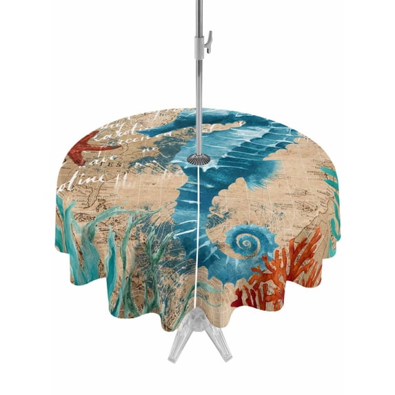 Outdoor Tablecloth with Umbrella Hole Zipper Sea Seahorse Coastal Round Tablecloth 60" Waterproof Outside Table Cloth Brown Nautical Summer Coral Vintage Patio Table Cover Tablecloths for Picnic