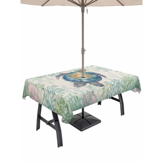 Outdoor Tablecloth with Umbrella Hole and Zipper, Sea Turtle Coastal Rectangle Table Cloth 52x70 Inch Waterproof Tablecloth, Blue Green Summer Beach Coral Ocean Picnic Table Cover for Patio Camping