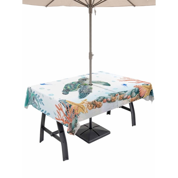 Outdoor Tablecloth with Umbrella Hole and Zipper, Sea Turtle Coastal Rectangle Table Cloth 60x102 Inch Waterproof Tablecloth, Summer Nautical Starfish Coral Ocean Picnic Table Cover for Patio Camping