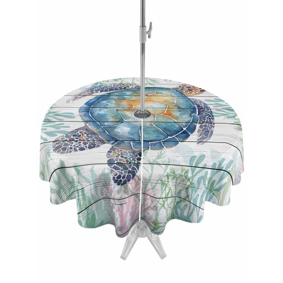 Outdoor Tablecloth with Umbrella Hole and Zipper, Sea Turtle Coastal Round Table Cloth 54 Inch Waterproof Tablecloth, Blue Green Summer Beach Coral Wooden Picnic Table Cover for Patio Camping