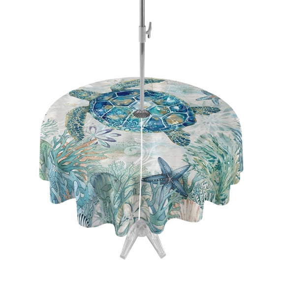 Outdoor Tablecloth with Umbrella Hole & Zipper, Sea Turtle Coastal Round Tablecloth 54 Inch, Blue Teal Beach Ocean Nautical Coral Patio Table Cover Waterproof Table Cloth for Picnic/Party