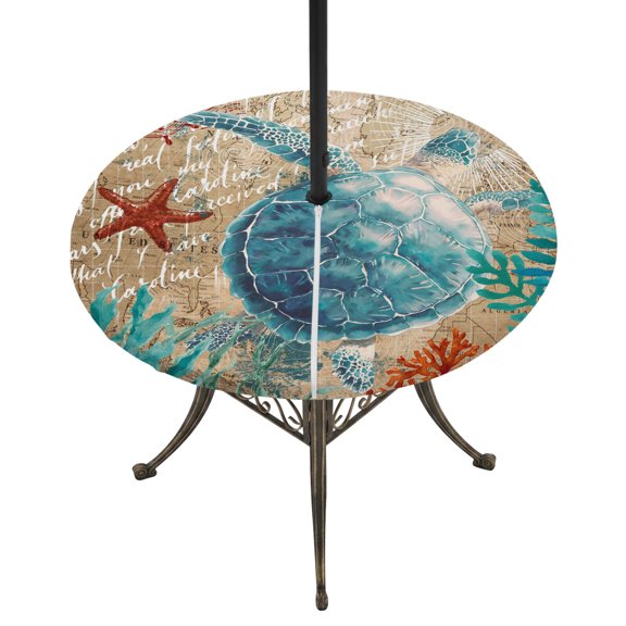 Outdoor Tablecloth with Umbrella Hole and Zipper Sea Turtle Round Fitted Table Cover with Elastic Waterproof Nautical Anchor Coral Vintage Marine Life Patio Tablecloths for Picnic BBQS Fit 45"-54"