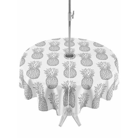 Outdoor Tablecloth with Umbrella Hole and Zipper, Seamless Grey Pineapple Round Waterproof Table Cover 60in Washable Table Cloth for Patio Picnic Party Rustic Farmhouse Fruit Theme