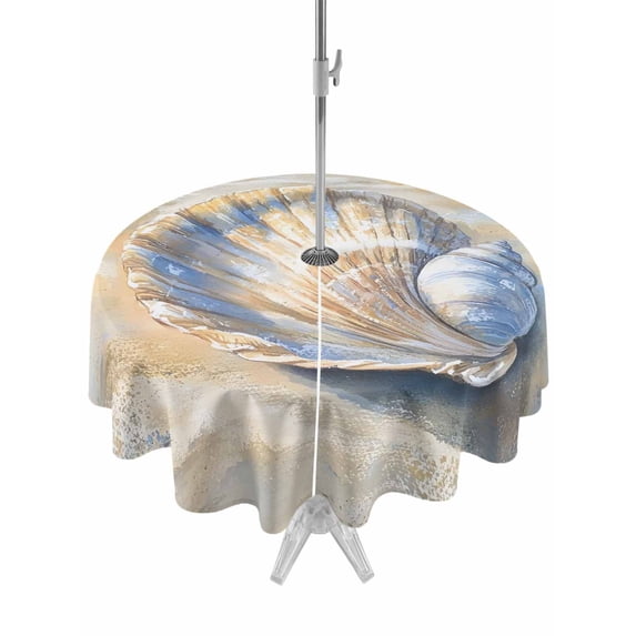 Outdoor Tablecloth with Umbrella Hole Zipper Shell Coastal Round Tablecloth 60" Waterproof Outside Table Cloth Blue Yellow Summer Beach Nautical Ocean Patio Table Cover Tablecloths for Picnic Party