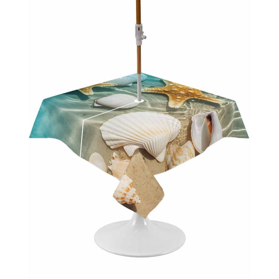 Outdoor Tablecloth with Umbrella Hole and Zipper Shell Starfish Square Tablecloths 54x54 Inch Waterproof Table Cloths Teal Blue Summer Beach Patio Table Cover for Outdoor Tables Picnic BBQS Party