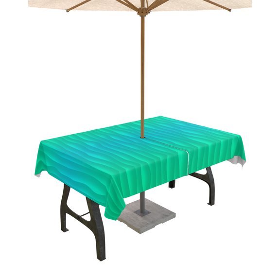 Outdoor Tablecloth with Umbrella Hole Zipper,Simple Ripple Green Blue Gradient Waterproof Zippered Table Cloth for Rectangle Tables,Modern Abstract Geometric Art Patio Table Covers for Indoor Pinic
