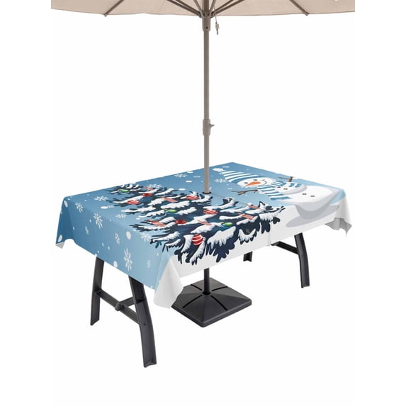 Outdoor Tablecloth with Umbrella Hole and Zipper, Sky Blue Christmas Rectangle Table Cloth 60x120 Inch Waterproof Tablecloth, Snowman Pine Tree Ball Snowflakes Picnic Table Cover for Patio Camping
