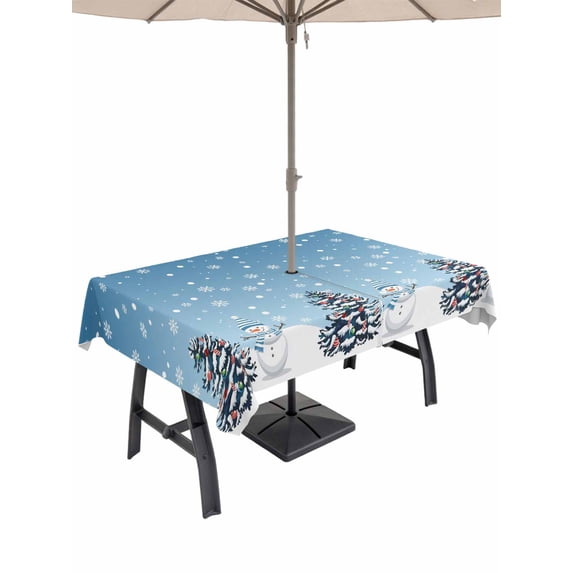 Outdoor Tablecloth with Umbrella Hole and Zipper, Sky Blue Christmas Rectangle Table Cloth 60x120 Inch Waterproof Tablecloth, Winter Snowman Pine Tree Snowflakes Picnic Table Cover for Patio Camping