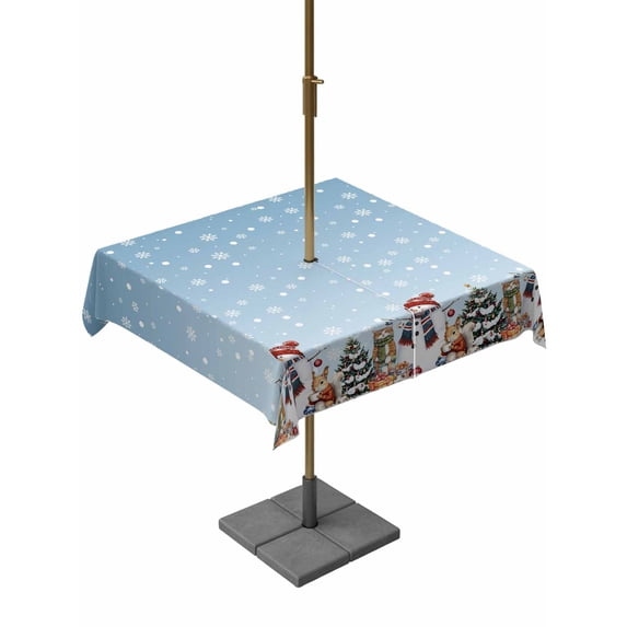 Outdoor Tablecloth with Umbrella Hole and Zipper, Sky Blue Christmas Square Table Cloth 60x60 Inch Waterproof Tablecloth, Winter Snowman Squirrel Cat Snowflakes Picnic Table Cover for Patio Camping