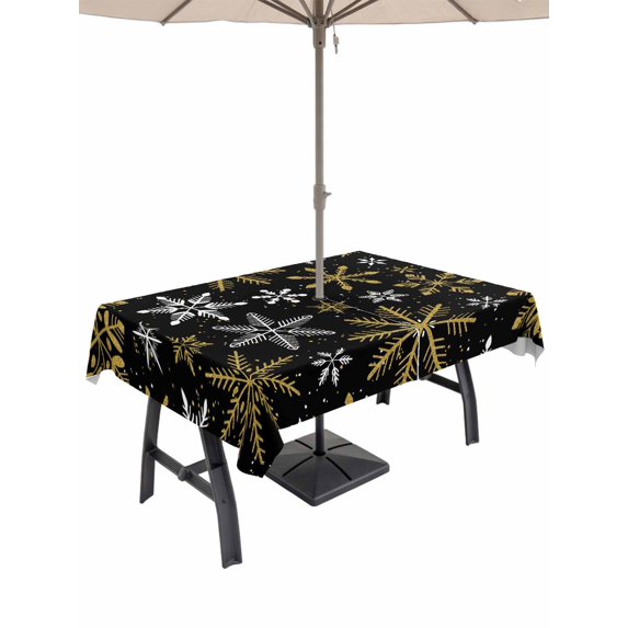 Outdoor Tablecloth with Umbrella Hole and Zipper, Snowflake Christmas Rectangle Table Cloth 60x84 Inch Waterproof Tablecloth, Winter Xmas Snow Simple Black Picnic Table Cover for Patio Camping