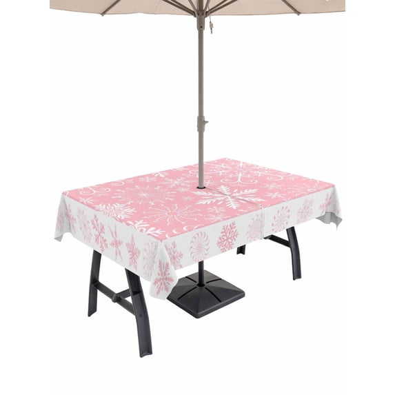 Outdoor Tablecloth with Umbrella Hole and Zipper, Snowflakes Christmas Rectangle Table Cloth 60x84 Inch Waterproof Tablecloth, Pink Xmas Winter Vintage Picnic Table Cover for Patio Camping