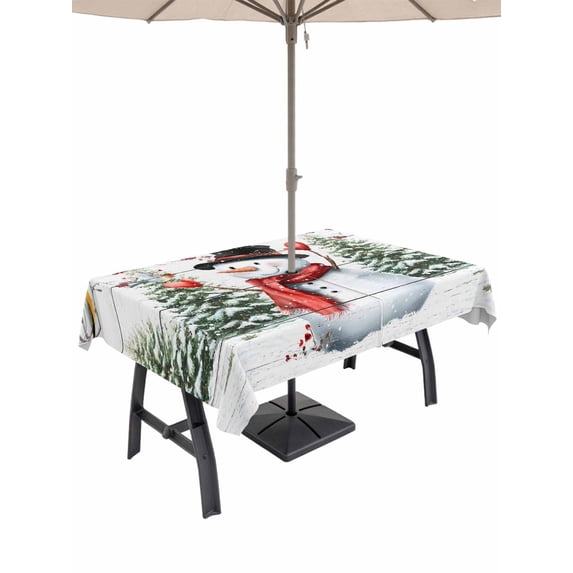 Outdoor Tablecloth with Umbrella Hole and Zipper, Snowman Christmas Rectangle Table Cloth 52x70 Inch Waterproof Tablecloth, Xmas Tree Snowflake Birds Branches Wooden Picnic Table Cover for Patio