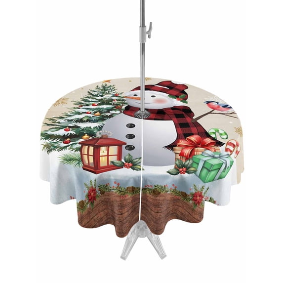 Outdoor Tablecloth with Umbrella Hole and Zipper, Snowman Christmas Round Table Cloth 54 Inch Waterproof Tablecloth, Xmas Tree Snowflake Gifts Winter Picnic Table Cover for Patio Camping