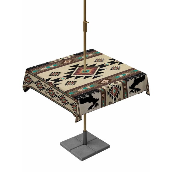 Outdoor Tablecloth with Umbrella Hole and Zipper, Southwest Aztec Square Table Cloth 60x60 Inch Waterproof Tablecloth, Brown Forest Tree Elk Geometric Green Picnic Table Cover for Patio Camping