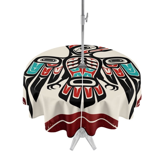 Outdoor Tablecloth with Umbrella Hole Zipper Southwestern Tribe Round Tablecloth 54" Waterproof Table Cloth Farmhouse Birds Chic Traditional Motifs Patio Table Cover Tablecloths for Picnic Party