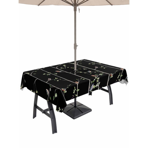 Outdoor Tablecloth with Umbrella Hole and Zipper, Sparrow Rectangle Table Cloth 52x70 Inch Waterproof Tablecloth, Spring Birds on The Branches Vintage Country Black Picnic Table Cover for Patio