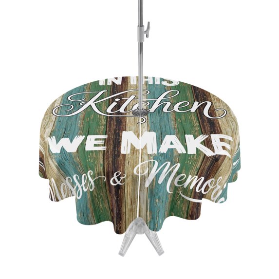 Outdoor Tablecloth with Umbrella Hole Zipper Spoon Knife Kitchen Round Tablecloth 60" Waterproof Outside Table Cloth Teal Brown Wooden Grain Patio Table Cover Tablecloths for Picnic Party