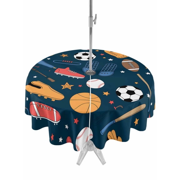 Outdoor Tablecloth with Umbrella Hole and Zipper, Sports Theme Waterproof Patio Tablecloth for Dining Round 54'', Cartoon Soccer Baseball Basketball Star Blue Table Cover for Picnic BBQ Party