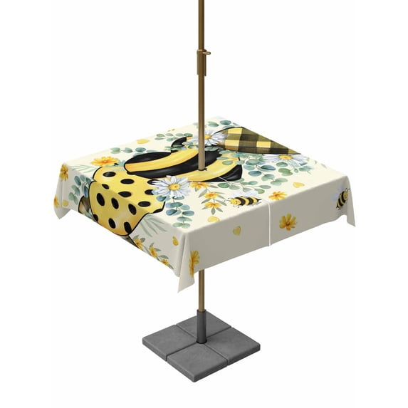 Outdoor Tablecloth with Umbrella Hole and Zipper, Spring Bee Love Square Table Cloth 60x60 Inch Waterproof Tablecloth, Yellow Daisy Eucalyptus Leaves Rustic Picnic Table Cover for Patio Camping