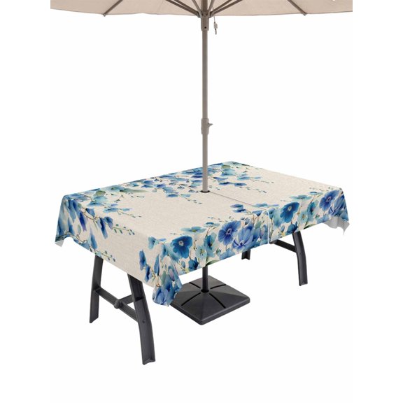 Outdoor Tablecloth with Umbrella Hole and Zipper, Spring Blue Floral Rectangle Table Cloth 52x70 Inch Waterproof Tablecloth, Farmhouse Weeping Floral Leaves Burlap Picnic Table Cover for Patio