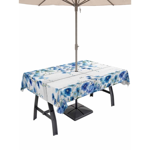 Outdoor Tablecloth with Umbrella Hole and Zipper, Spring Blue Floral Rectangle Table Cloth 60x120 Inch Waterproof Tablecloth, Farmhouse Weeping Floral Leaves Wood Picnic Table Cover for Patio Camping
