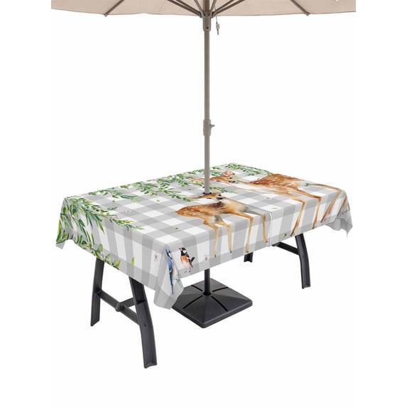 Outdoor Tablecloth with Umbrella Hole and Zipper, Spring Botanical Rectangle Table Cloth 52x70 Inch Waterproof Tablecloth, Green Leaves Deers Birds Flowers Gray Plaid Picnic Table Cover for Patio