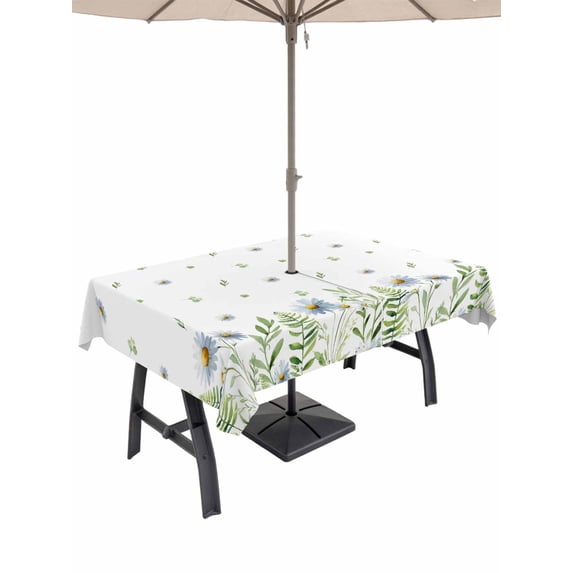 Outdoor Tablecloth with Umbrella Hole and Zipper, Spring Botanical Rectangle Table Cloth 60x120 Inch Waterproof Tablecloth, Farmhouse Pastoral Daisy Leaves Picnic Table Cover for Patio Camping