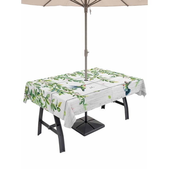 Outdoor Tablecloth with Umbrella Hole and Zipper, Spring Botanical Rectangle Table Cloth 60x120 Inch Waterproof Tablecloth, Watercolor Leaves Flowers Birds Gray Wood Picnic Table Cover for Patio