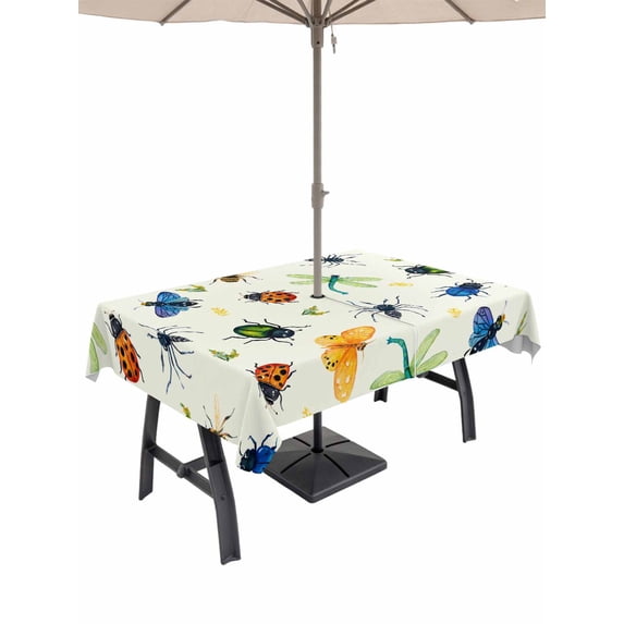 Outdoor Tablecloth with Umbrella Hole and Zipper, Spring Butterfly Dragonfly Rectangle Table Cloth 60x84 Inch Waterproof Tablecloth, Beige Botanical Floral Rustic Picnic Table Cover for Patio Camping