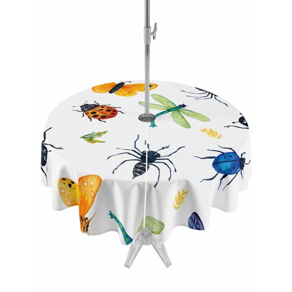 Outdoor Tablecloth with Umbrella Hole and Zipper, Spring Butterfly Dragonfly Round Table Cloth 54 Inch Waterproof Tablecloth, Farmhouse Botanical Floral Picnic Table Cover for Patio Camping