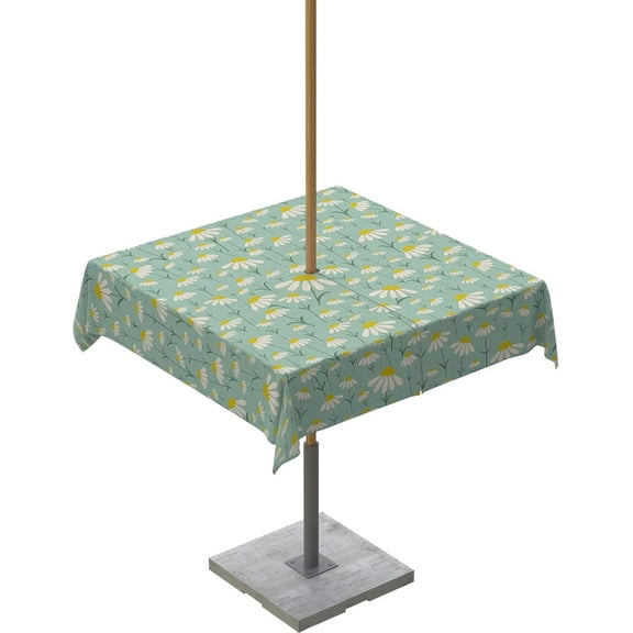 Outdoor Tablecloth with Umbrella Hole and Zipper Spring Daisy Rectangle Outdoor Tablecloths 60x60 Waterproof Outside Table Cloths Flower Green Patio Table Cover for Outdoor Tables Picnic Garden