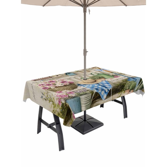 Outdoor Tablecloth with Umbrella Hole and Zipper, Spring Daisy Rectangle Table Cloth 52x70 Inch Waterproof Tablecloth, Flowers Farmhouse Leaves Floral Pots Country Retro Picnic Table Cover for Patio