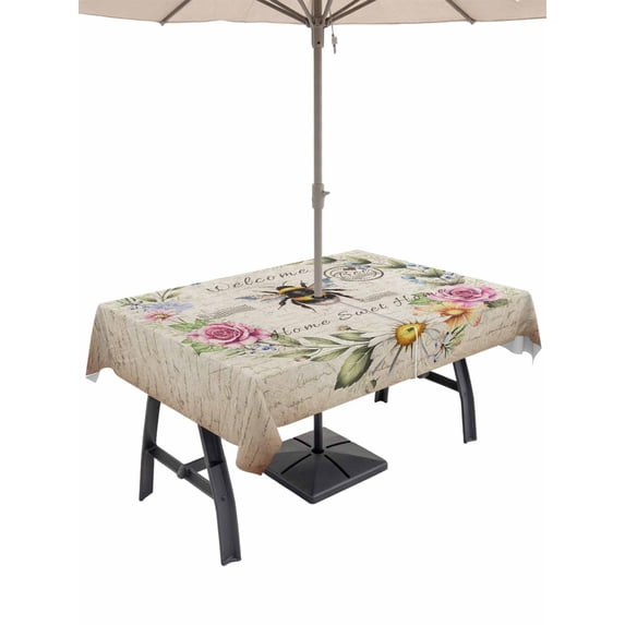 Outdoor Tablecloth with Umbrella Hole and Zipper, Spring Daisy Rectangle Table Cloth 54x80 Inch Waterproof Tablecloth, Pink Flowers Wreath Leaves Farmhouse Vintage Picnic Table Cover for Patio