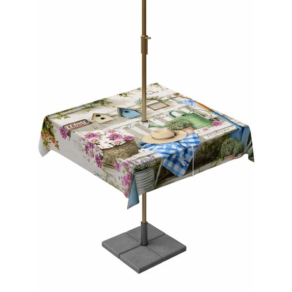 Outdoor Tablecloth with Umbrella Hole and Zipper, Spring Daisy Square Table Cloth 54x54 Inch Waterproof Tablecloth, Flowers Farmhouse Leaves Floral Pots Countryside Picnic Table Cover for Patio