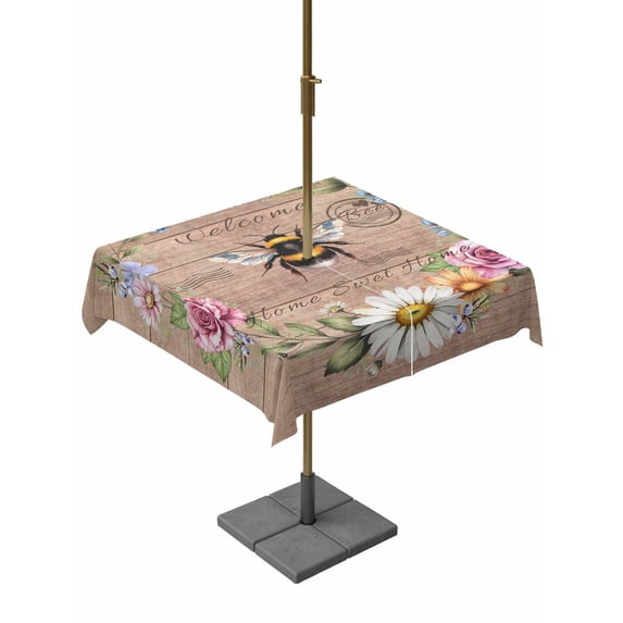 Outdoor Tablecloth with Umbrella Hole and Zipper, Spring Daisy Square Table Cloth 60x60 Inch Waterproof Tablecloth, Pink Flowers Wreath Leaves Farmhouse Brown Picnic Table Cover for Patio Camping